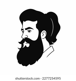 Bearded hipster man face portrait sketch drawing. Hairstyle head guy. Barbershop emblem, logo concept. Profile avatar character. Bearded male silhouette. Black vector illustration isolated on white.