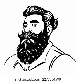 Bearded hipster man face portrait sketch drawing. Hairstyle head guy. Barbershop emblem, logo concept. Profile avatar character. Bearded male silhouette. Black vector illustration isolated on white.