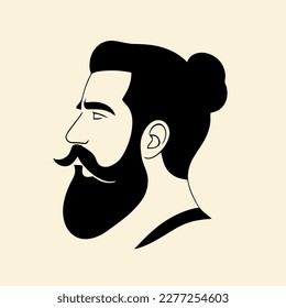 Bearded hipster man face portrait sketch drawing. Hairstyle head guy. Barbershop emblem, logo concept. Profile avatar character. Bearded male silhouette. Black vector illustration isolated on white.