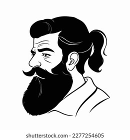 Bearded hipster man face portrait sketch drawing. Hairstyle head guy. Barbershop emblem, logo concept. Profile avatar character. Bearded male silhouette. Black vector illustration isolated on white.