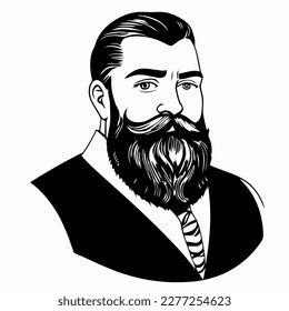 Bearded hipster man face portrait sketch drawing. Hairstyle head guy. Barbershop emblem, logo concept. Profile avatar character. Bearded male silhouette. Black vector illustration isolated on white.