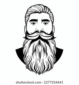 Hombre hipster con barba cara retrato dibujo de dibujo. Cabeza de pelo. Emblema de Barbershop, concepto de logo. Carácter avatar de perfil. Silhouette macho con barba. Ilustración vectorial negra aislada en blanco.