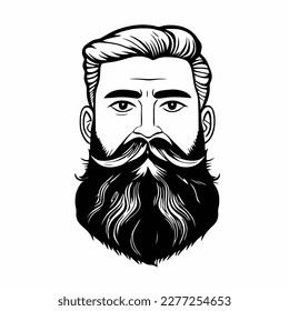 Hombre hipster con barba cara retrato dibujo de dibujo. Cabeza de pelo. Emblema de Barbershop, concepto de logo. Carácter avatar de perfil. Silhouette macho con barba. Ilustración vectorial negra aislada en blanco.