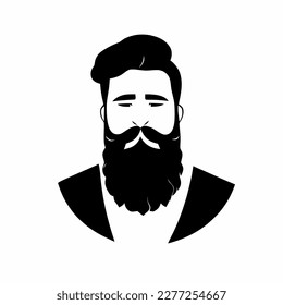 Hombre hipster con barba cara retrato dibujo de dibujo. Cabeza de pelo. Emblema de Barbershop, concepto de logo. Carácter avatar de perfil. Silhouette macho con barba. Ilustración vectorial negra aislada en blanco.