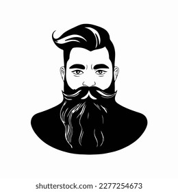 Bearded hipster man face portrait sketch drawing. Hairstyle head guy. Barbershop emblem, logo concept. Profile avatar character. Bearded male silhouette. Black vector illustration isolated on white.