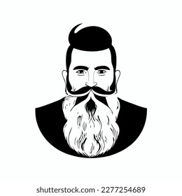 Hombre hipster con barba cara retrato dibujo de dibujo. Cabeza de pelo. Emblema de Barbershop, concepto de logo. Carácter avatar de perfil. Silhouette macho con barba. Ilustración vectorial negra aislada en blanco.
