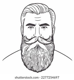 Hombre hipster con barba cara retrato dibujo de dibujo. Cabeza de pelo. Emblema de Barbershop, concepto de logo. Carácter avatar de perfil. Silhouette macho con barba. Ilustración vectorial negra aislada en blanco.