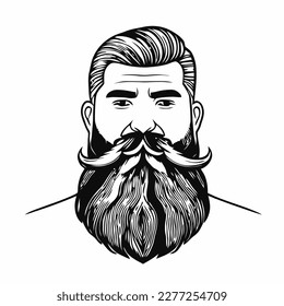 Bärtige Hipster Mann Gesicht Porträtskizze Zeichnung. Friseur-Kopf-Typ. Barbershop-Emblem, Logo-Konzept. Profilavatar-Zeichen. Bärtige männliche Silhouette. Schwarze Vektorgrafik einzeln auf Weiß.