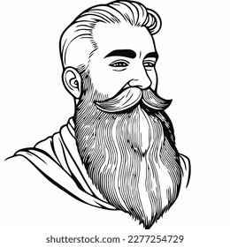 Hombre hipster con barba cara retrato dibujo de dibujo. Cabeza de pelo. Emblema de Barbershop, concepto de logo. Carácter avatar de perfil. Silhouette macho con barba. Ilustración vectorial negra aislada en blanco.