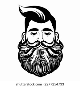 Hombre hipster con barba cara retrato dibujo de dibujo. Cabeza de pelo. Emblema de Barbershop, concepto de logo. Carácter avatar de perfil. Silhouette macho con barba. Ilustración vectorial negra aislada en blanco.