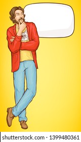 Bearded hipster man in fashioned clothing whats up to something with fingers at his lips and empty speech bubble. Pensive guy on yellow background in pop art retro comic book style vector Illustration