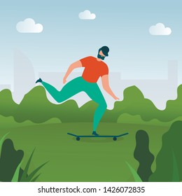 Bearded Hipster Man Flat Cartoon Character Riding on Longboard Skateboard. Skater in Casual Clothes in Park. Outdoor Recreation, Healthy and Active Lifestyle. Vector Sport Leisure Illustration