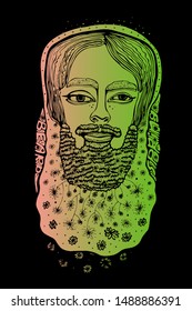 Bearded hipster man. Hand drawn hipster man with long beard and flowers. Spring flowers. Line art.