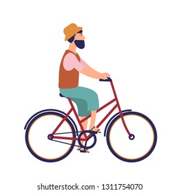 Bearded hipster man in hat and casual clothes riding city bike. Funny male character on bicycle. Pedaling bicyclist isolated on white background. Colorful vector illustration in flat cartoon style.