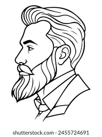 Retrato de cabeza de hombre hipster barbudo en dibujo de boceto de Perfil. Ilustración vectorial de peluquería