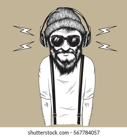 Bearded hipster man listening to music in headphones.Cartoon vector illustration