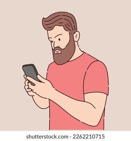 Bearded hipster man looking at phone screen. Vector illustration.