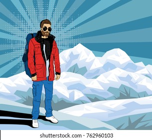 Bearded hipster man on the top of rock, Pop art