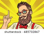 Bearded hipster man portrait pointing finger. Pop art retro vector illustration