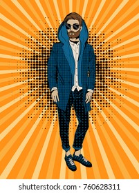 Bearded hipster man portrait, Pop art