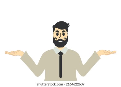 Bearded hipster man spread his arms to the sides. Concept of embarrassment, indecision, failure and uncertainty. Concept of a difficult choice in a man's hands vector isolated on white background