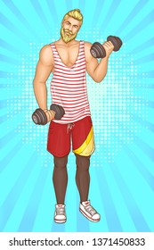 Bearded hipster man in striped singlet and shorts doing fitness exercises with dumbbells on blue background in pop art retro book comic style. Healthy sportsman pumping muscles. Vector Illustration.