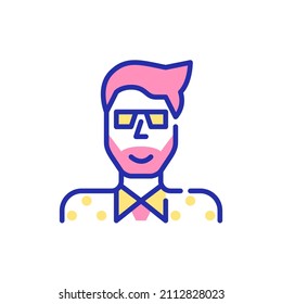 Bearded hipster man wearing a shirt and a tie. Pixel perfect, editable stroke fun color avatar icon