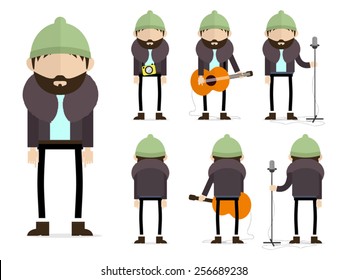 Bearded hipster musician with green hat