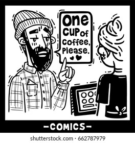 Bearded hipster orders one cup of coffee comics