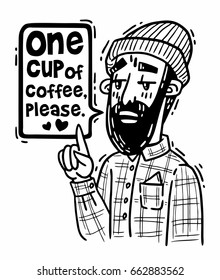 Bearded hipster orders one cup of coffee