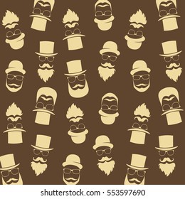 Bearded hipster pattern with glasses, moustaches, hat. Gentleman background. Vector.