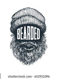 Con barba: cita de Hipster y imagen dibujada a mano en el fondo vintage