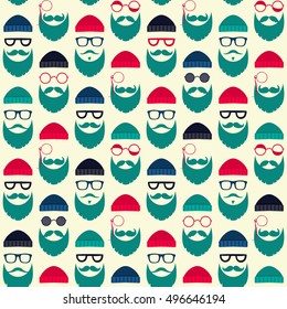 Bearded Hipster seamless pattern with glasses and hat on. Lumber sexual or Urban Lumberjack background.