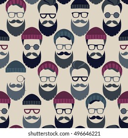 Bearded Hipster seamless pattern with glasses and hat on. Lumber sexual or Urban Lumberjack background.