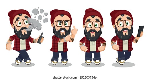 Bearded hipster in skully hat in different mood and poses. Spectacled man with tattoo smoking, standing with arms akimbo, showing middle finger, keeping smartphone. Vector cartoon set on white.
