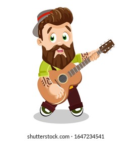 Bearded hipster with tattoo in hat, light green shirt, red tie, brown suspender trousers standing, playing guitar. Young plump man singing song. Vector cartoon illustration isolated on white.