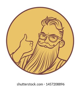 bearded hipster thumb up gesture. Comic cartoon pop art retro vector drawing illustration