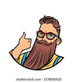 bearded hipster thumb up gesture. Comic cartoon pop art retro vector drawing illustration