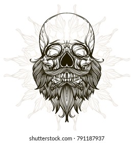 Bearded hipster's skull. Outline vector illustration isolated on white background for printing on T-shirts, posters and other items.