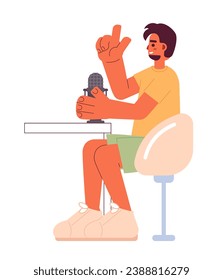 Bearded hispanic man speaking into mic podcast 2D cartoon character. Latino guy podcaster isolated vector person white background. Casual looking radio presenter color flat spot illustration