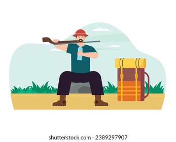 A bearded hunter man wearing a hat and boots is sitting resting on a rock, carrying a weapon and backpack. Character design. Vector flat illustration