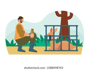 A bearded hunter squats looking at a deer that has been hunted in a cage in forest. Character design. Vector flat illustration