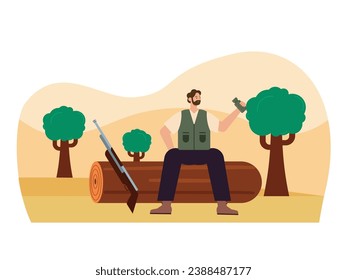 Bearded hunter taking a break drinking water from a bottle and sitting on a fallen tree in the forest. Character design. Vector flat illustration