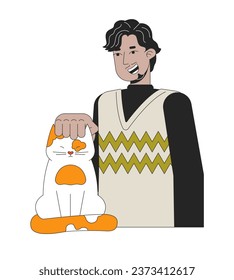 Bearded indian man petting cat 2D linear cartoon character. South asian guy smiling isolated line vector person white background. Kitten being petted. Sweater weather color flat spot illustration