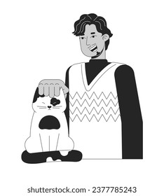 Bearded indian man petting cat black and white 2D line cartoon character. South asian guy smiling isolated vector outline person. Sweater weather. Pet owner monochromatic flat spot illustration