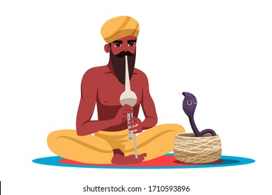 Bearded indian snake charmer isolated on white background. Snake cobra dance during musician playing on pipe flute. Man trainer wearing traditional turban and pants sitting in lotus position