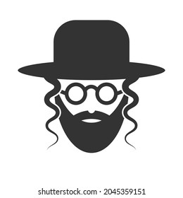 Bearded Jew with hat and sunglasses. Icon of Hasid. VECTOR illustration isolated on white background