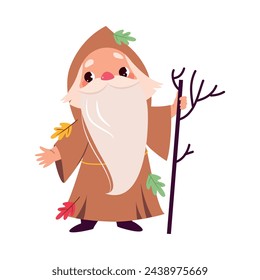 Bearded Kind Wizard with Stick as Fairy Tale Character Vector Illustration