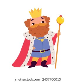 Bearded King with Crown in Mantle as Fairy Tale Character Vector Illustration