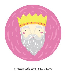 Bearded king with a crown on his head. Vector hand drawn illustration. Man with beard fancy illustration.